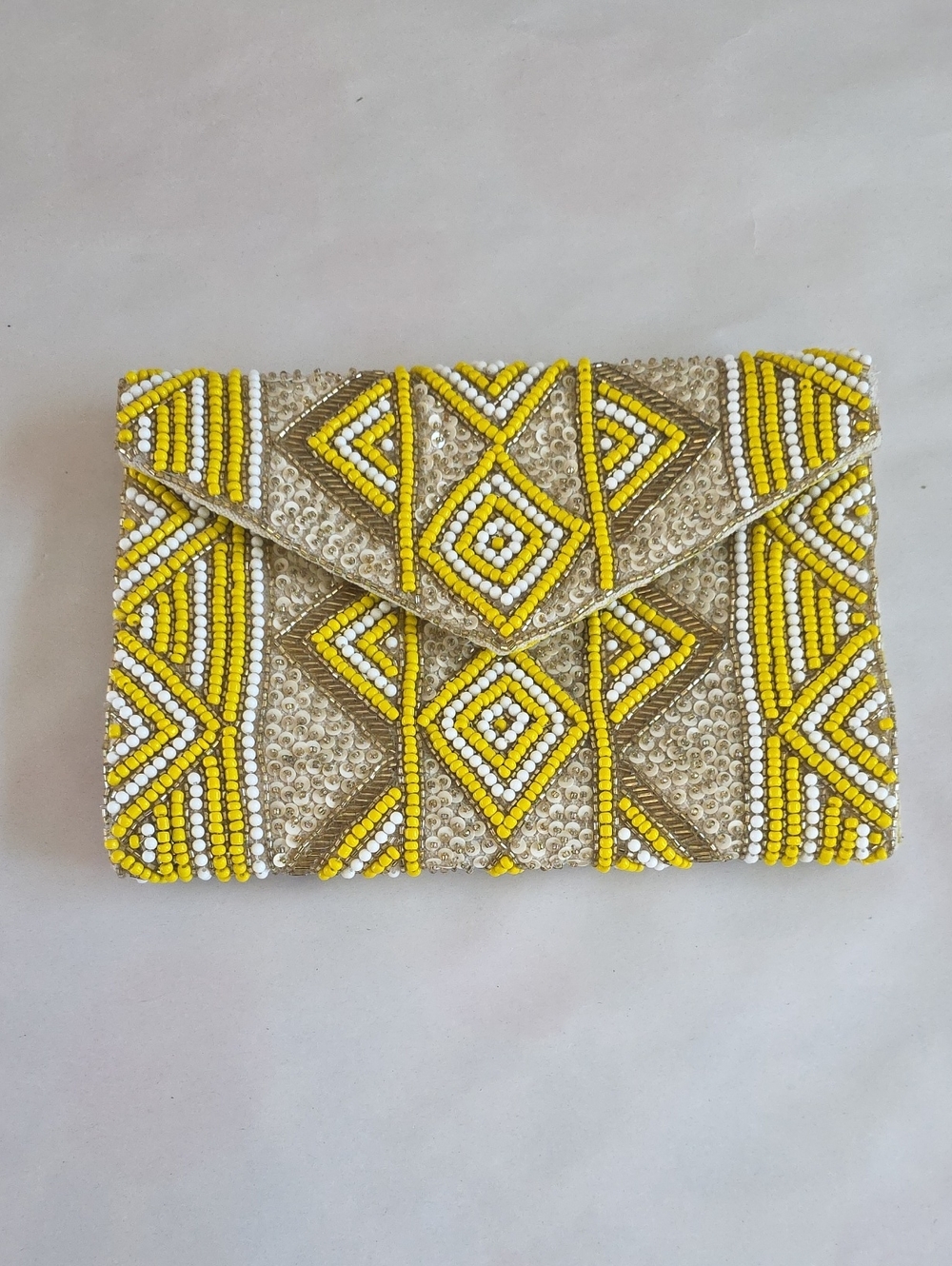 Beaded Yellow & Gold Geometric Envelope Clutch